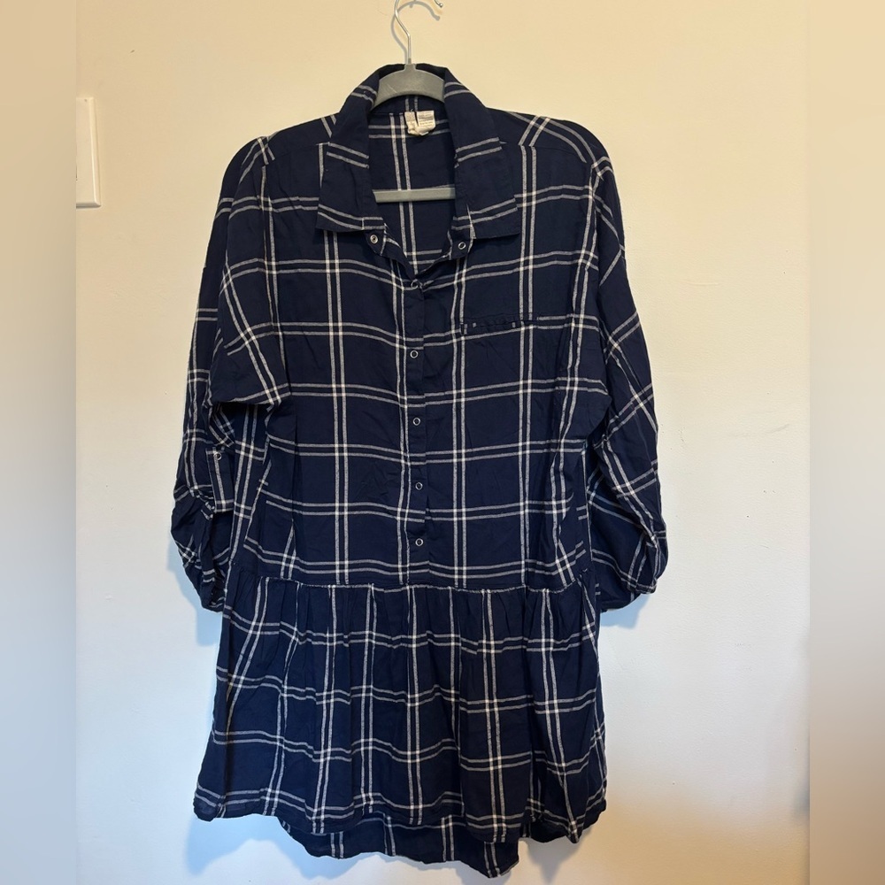 🔸 Navy Blue Plaid Cotton Shirt Dress - Picture 2 of 4